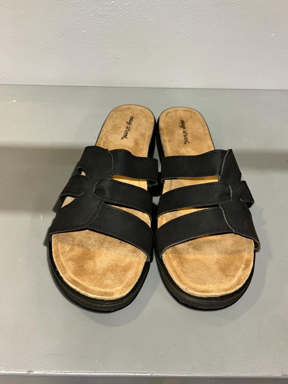 easy street Black Triple-Strap Slide Sandals
